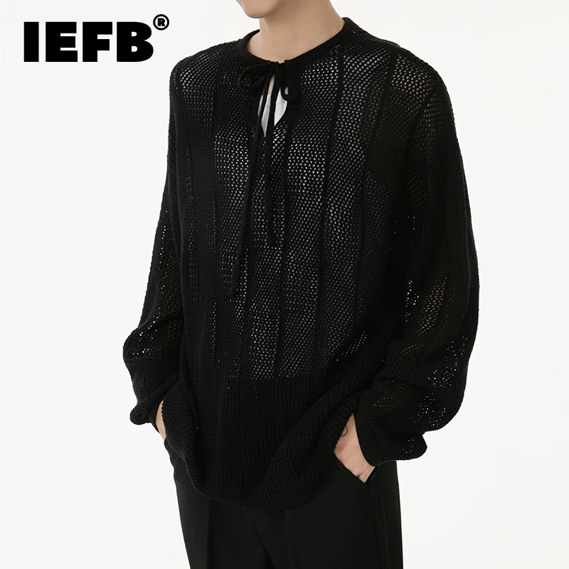 

IEFB Korean Style Men's Knits Hollow Out Casual V-neck Thin Knitting Lace-up Male Top Solid Color Loose Male Clothing New 9C6939