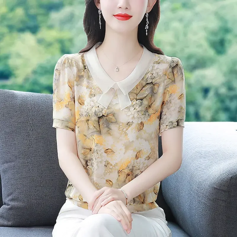 صيف جديد قميص شيفون كم قصير دمية الرقبة المرقعة الأزهار بلوزة المرأة فضفاضة المناسب الأم قاع بلوزة M-5XL