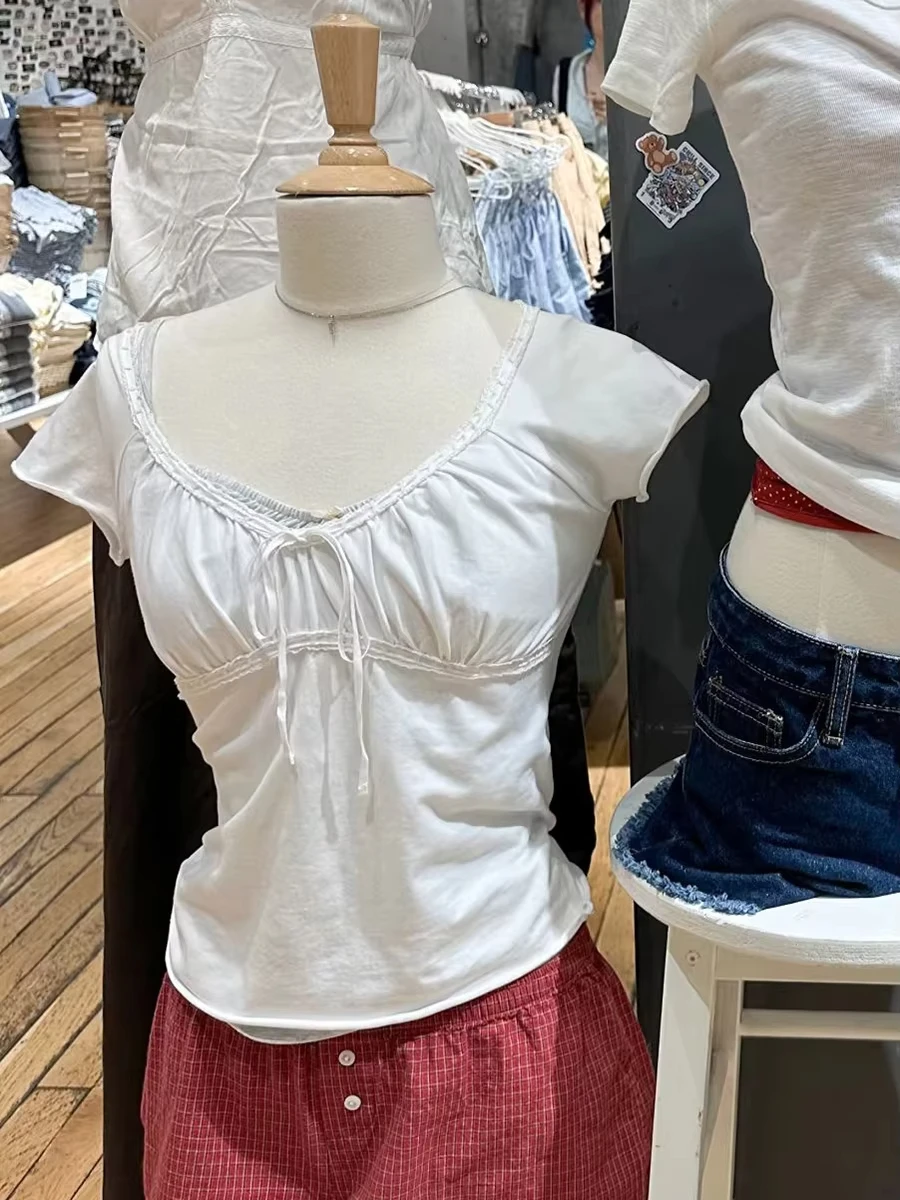 Witte Plooien V-hals Trekkoord Slanke T-shirts Vrouwen Zomer Nieuwe Katoenen Casual Korte Mouw Tees Zoete Leuke Vintage T-shirt Y2K Top