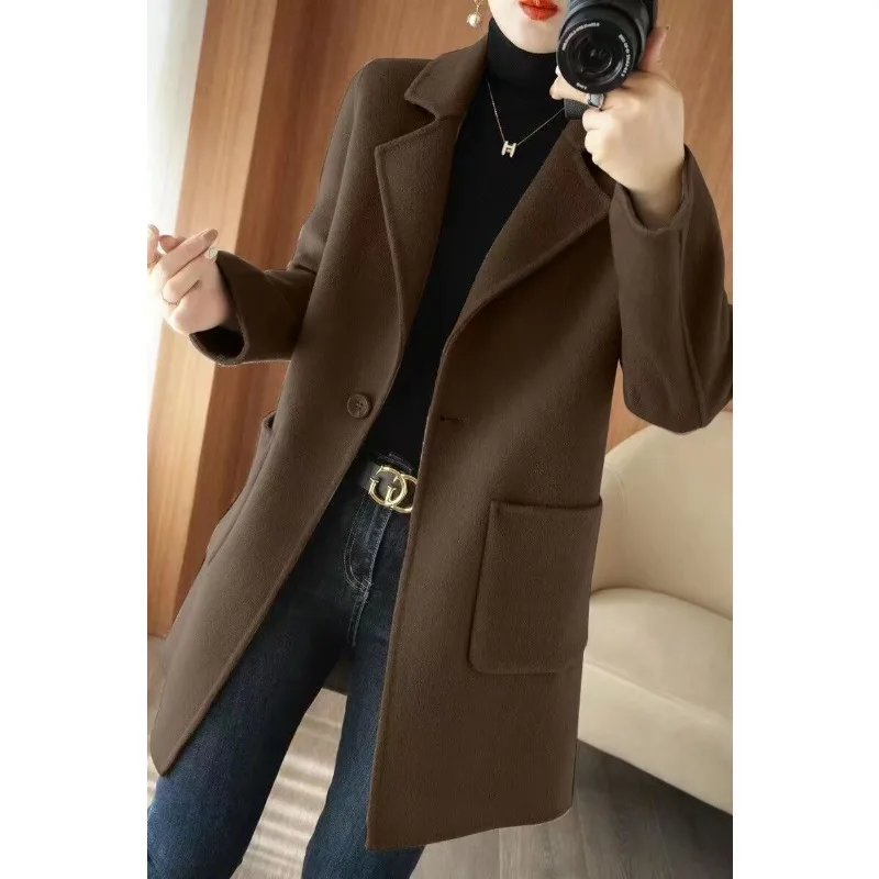 Elegant Women Reversible Cashmere Coat Female Fashion Slim Fit Mid-Length Woolen Outwear One Button Casual Solid Color Outcoat