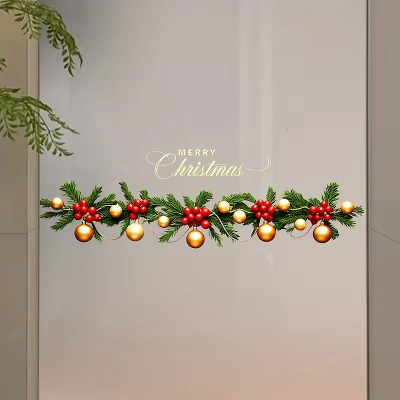 1pc Christmas Theme Wall & Window Decal, Featuring Pine Branches, Red Berries, Gold Ornaments & 