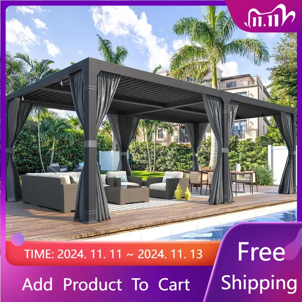 Louvered Pergola 12x24, Aluminum Pergola with Adjustable Louvered Roof, Outdoor Pergola with Waterproof Curtains and Nets