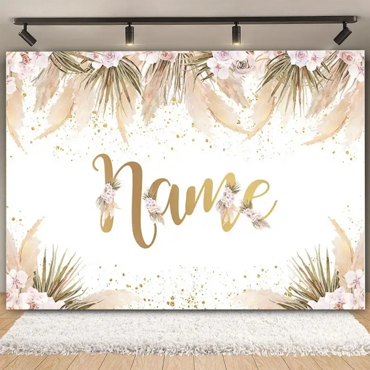 Customize Name  Backdrop Bohemian Pampa Grass Flower for Baby Shower Floral Photo Personalize DIY Baby Shower Decoration Banner