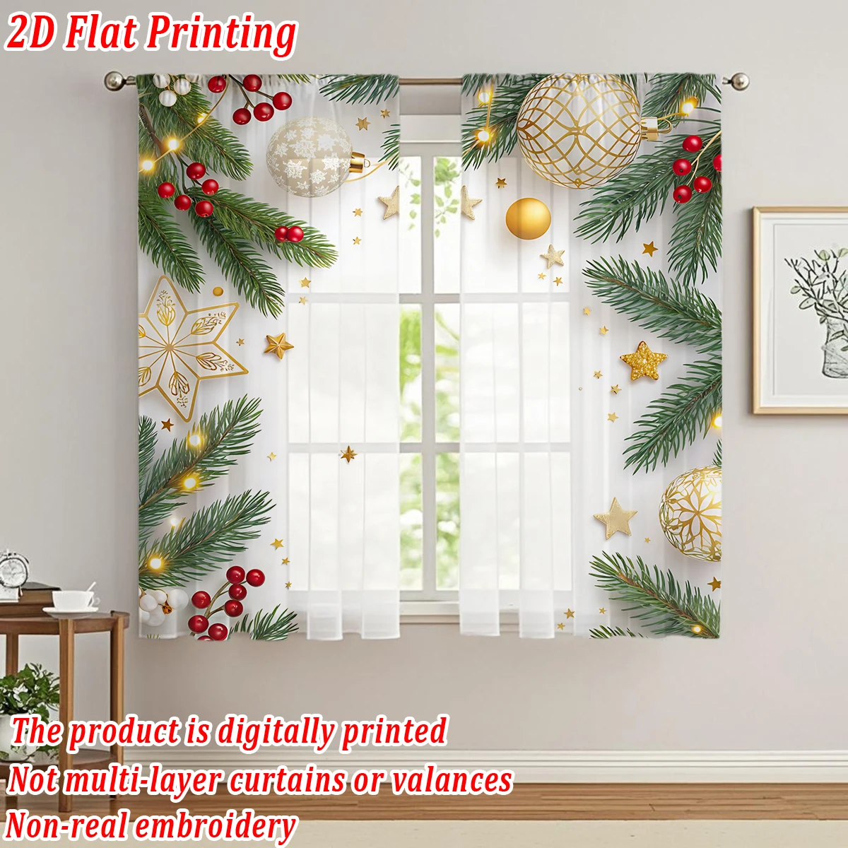 クリスマス柄のキッチン用シアーカーテン、メリークリスマスのボール、星、ベリー、松の枝付き、クリスマスの家の装飾、パーティー用
