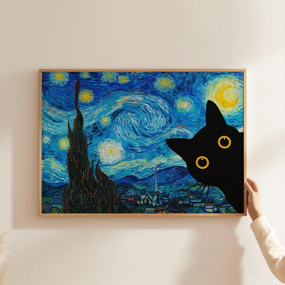 Nuit étoilée Vincent Van Gogh, chat noir, cadeau amusant, impression sur toile, affiche, décoration murale, décoration de chambre, sans cadre