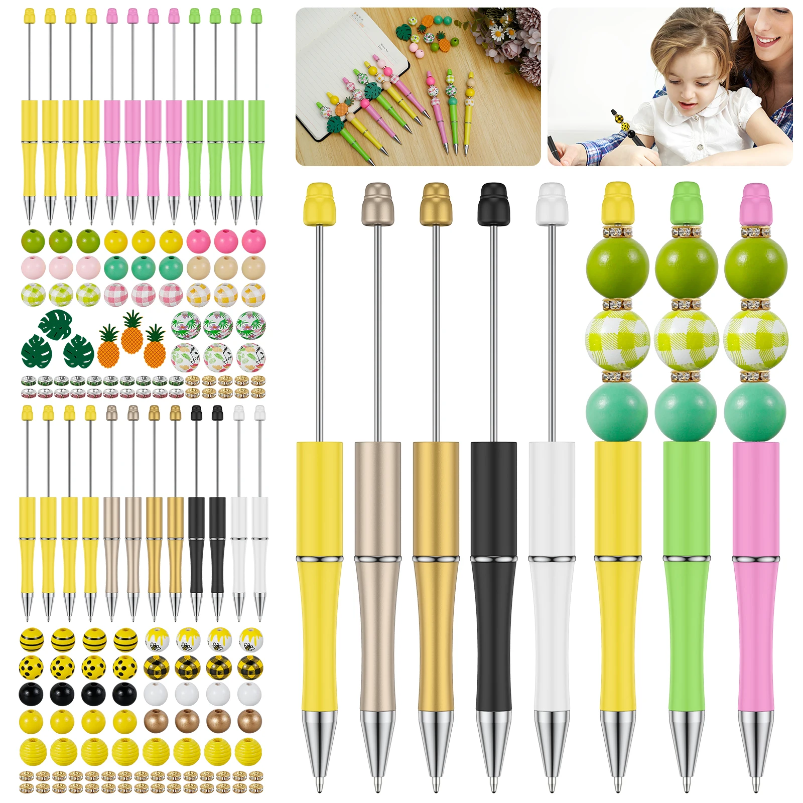 12Pcs Beadable Pens Set Fun DIY Beaded Ballpoint Pen Refillable Assorted Bead Pens Creative Beaded Pens Colorful Beadable Pen