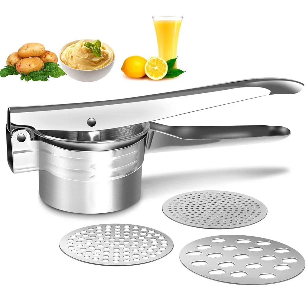 Stainless Steel Potato Ricer with 3 Interchangeable Discs, Manual Fruit Vegetable Press