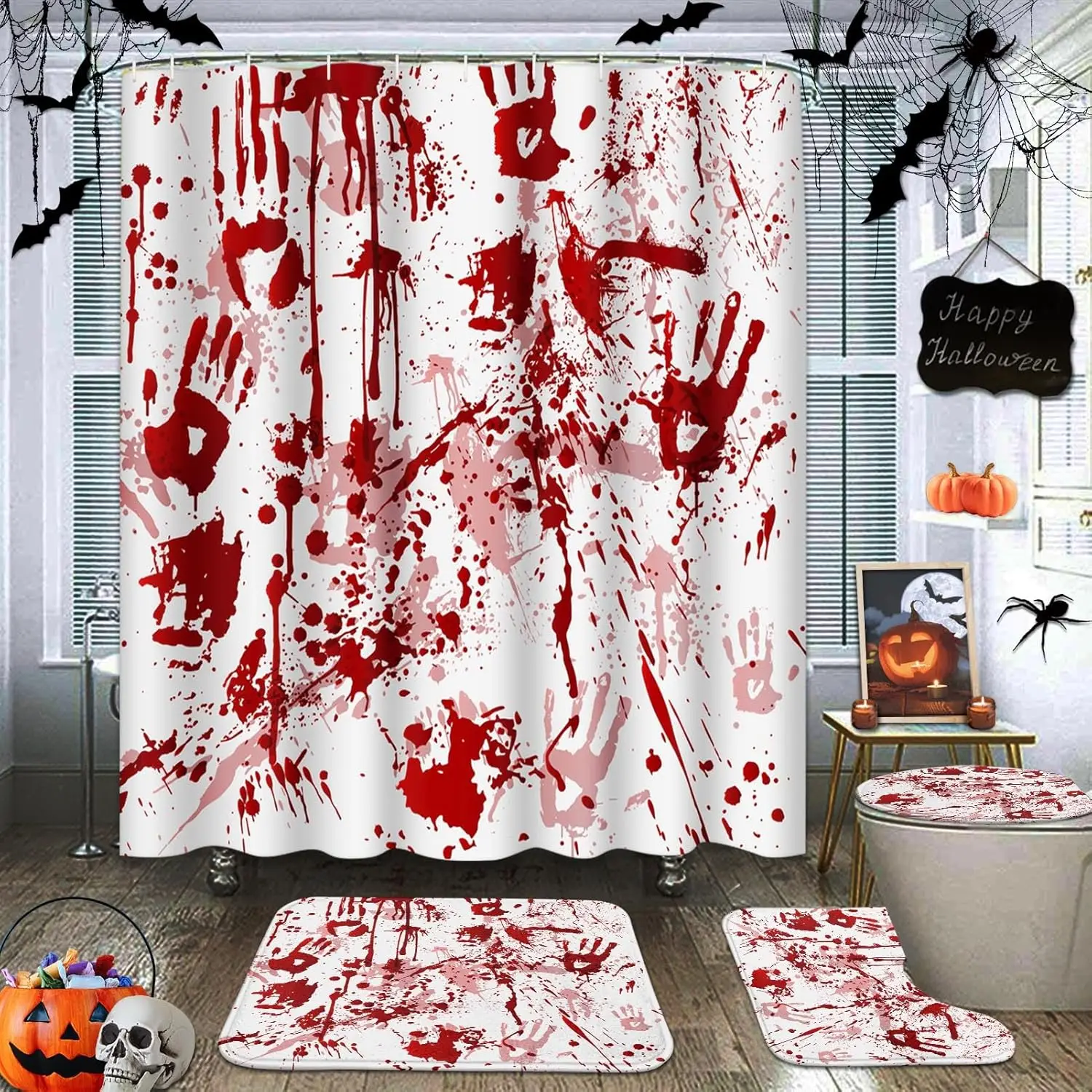 

Красный набор для ванной комнаты ужасов на Хэллоуин со страшными пальцами, занавеской для душа, ковриком и аксессуарами, кровавое пятно, кровавый душ