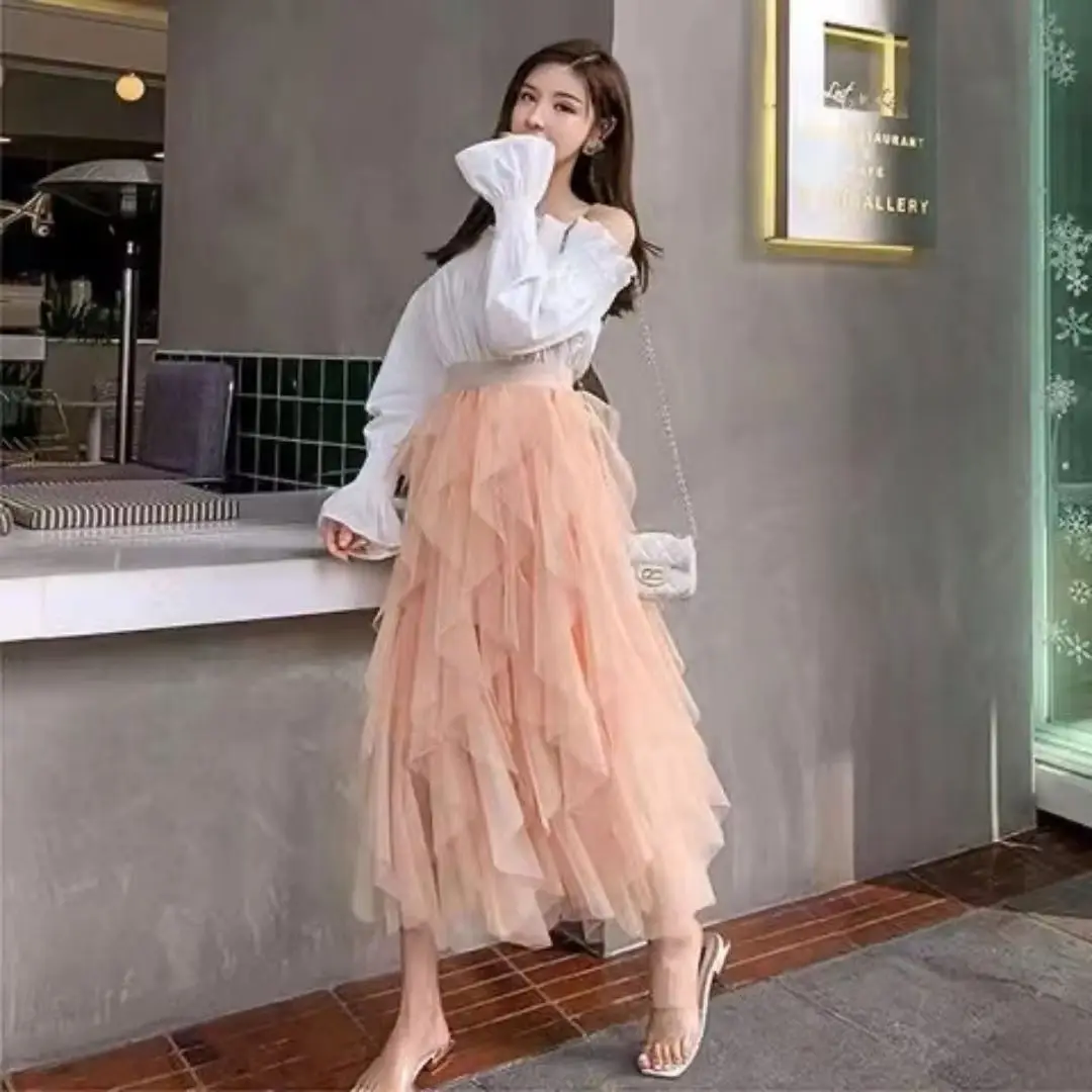 

2024 New Womens Elastic High Waist Tulle Mesh Irregular Tutu Skirt Summer Girls Party Older Kid Girl Pleated Long Midi Skirts