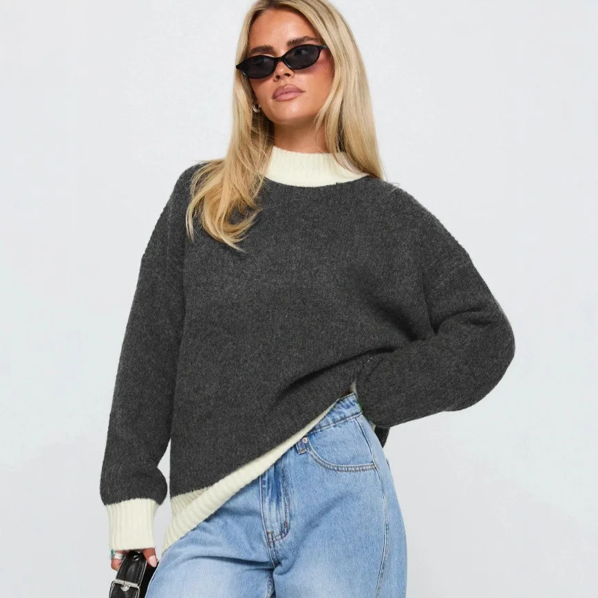 

Повседневный осенне-зимний толстый женский свитер, корейский модный цветной лоскутный однотонный свободный пуловер с круглым вырезом и длинными рукавами, вязаные топы