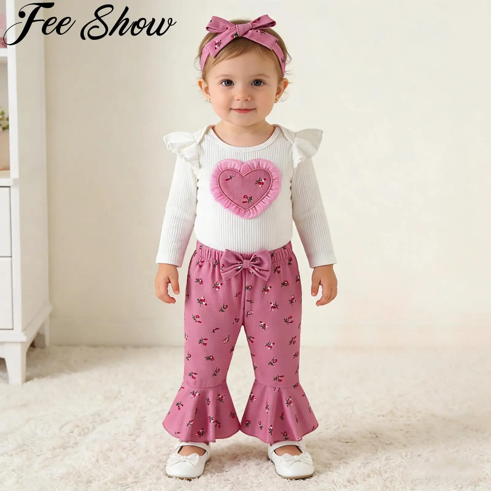 

Одежда для маленьких девочек, комбинезон с длинными рукавами и вышивкой в виде сердца, штаны с цветочным принтом, повязка на голову для фотосессий на день рождения