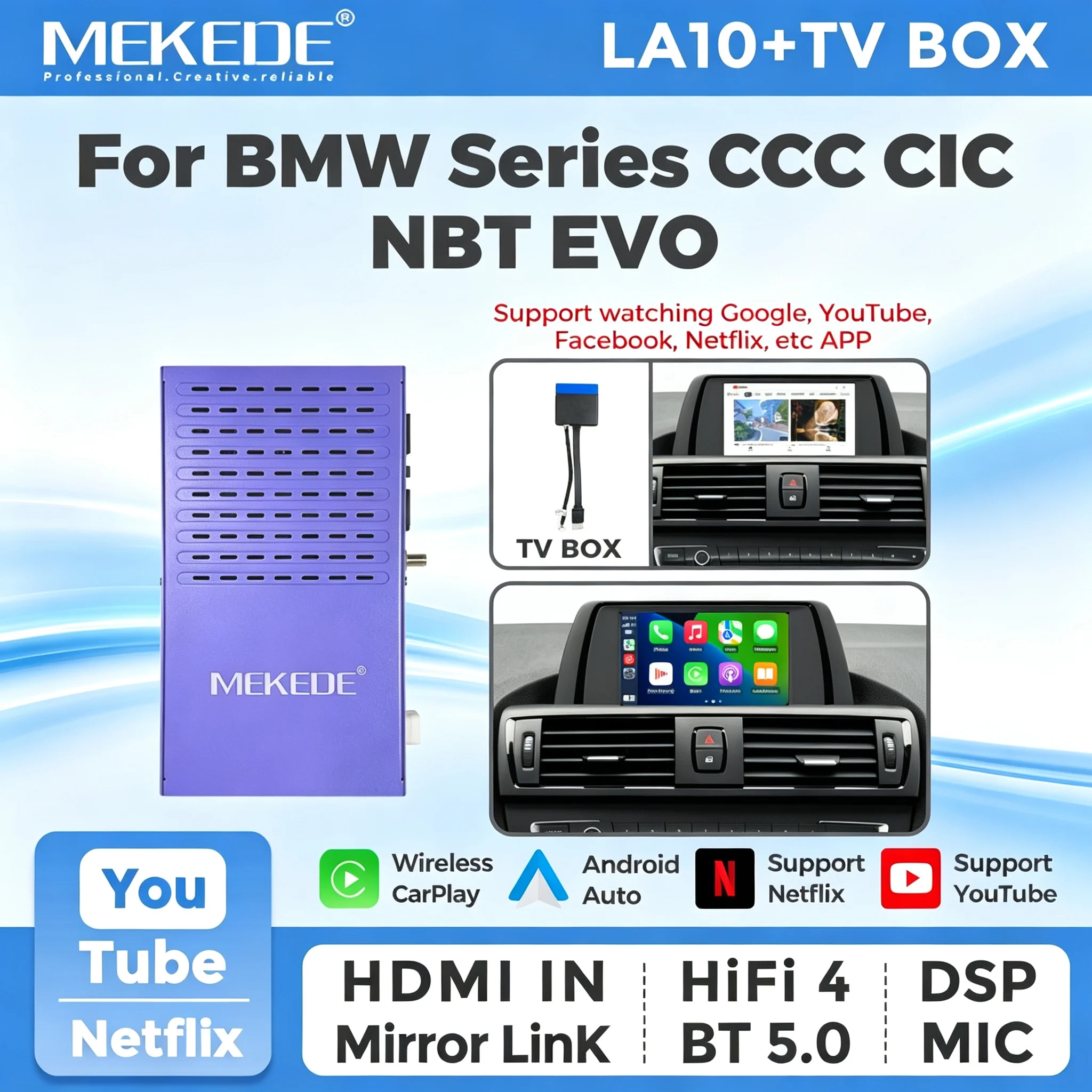 MEKEDE CarPlay BOX für BMW 1 2 3 4 5 Serie X1 X3 X4 X5 F20 F21 F30 F31 F34 F10 F48 F25 F26 F15 F60 F10 E84 NBT CCC CIC EVO Wireless Carplay Android Auto Mirror Link DSP HDMI IN Netflix USB BT WIFI GPS