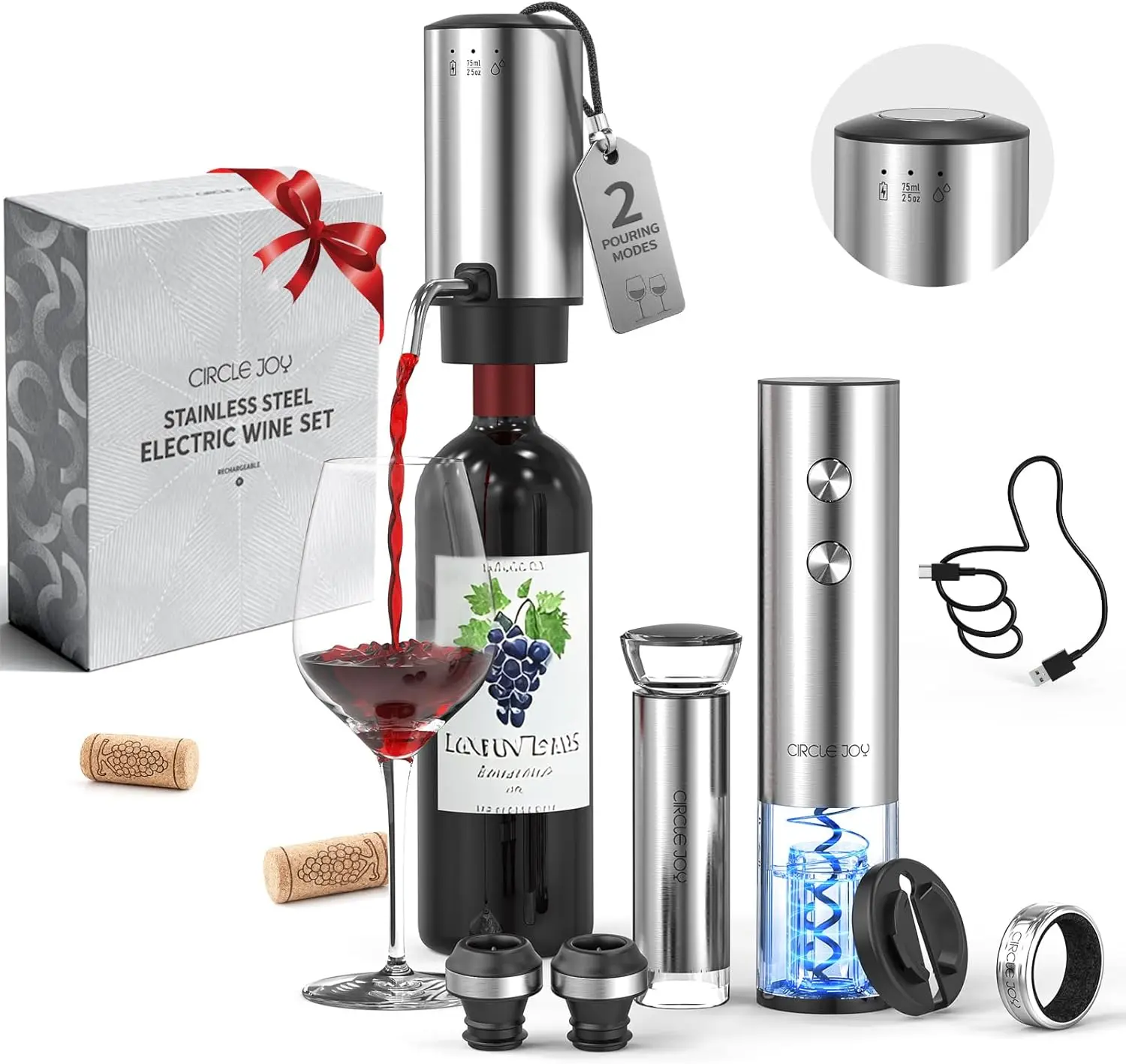 

8-in-1 Rechargeable Electric Wine Opener Set with Aerator, Foil Cutter & Vacuum Pump