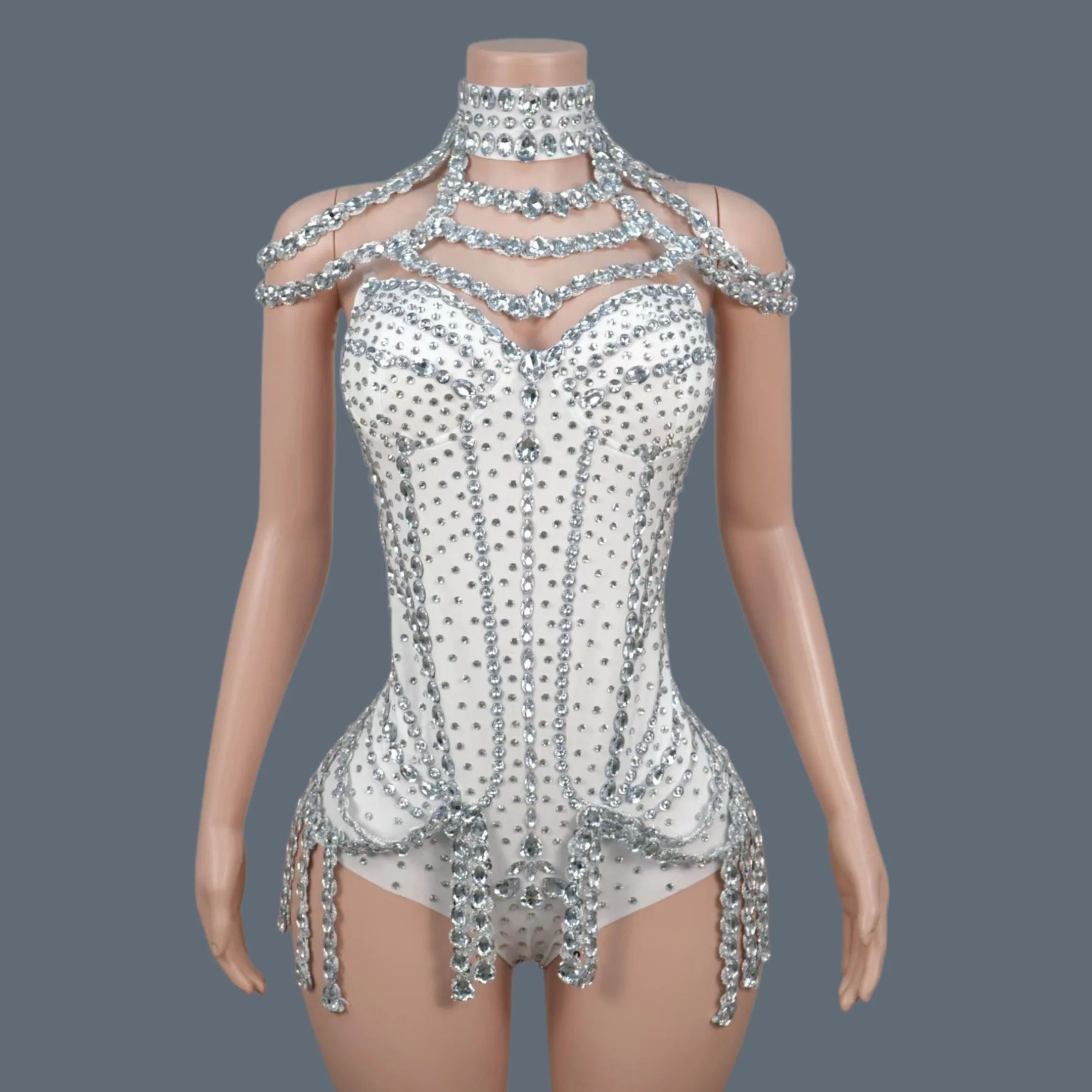 

Sparkly Rhinestone Tassel Spandex Bodysuit Women Sexy Dance Show Costume Nightclub Party Outfit Singer Dancer Stage Wear Chunbai