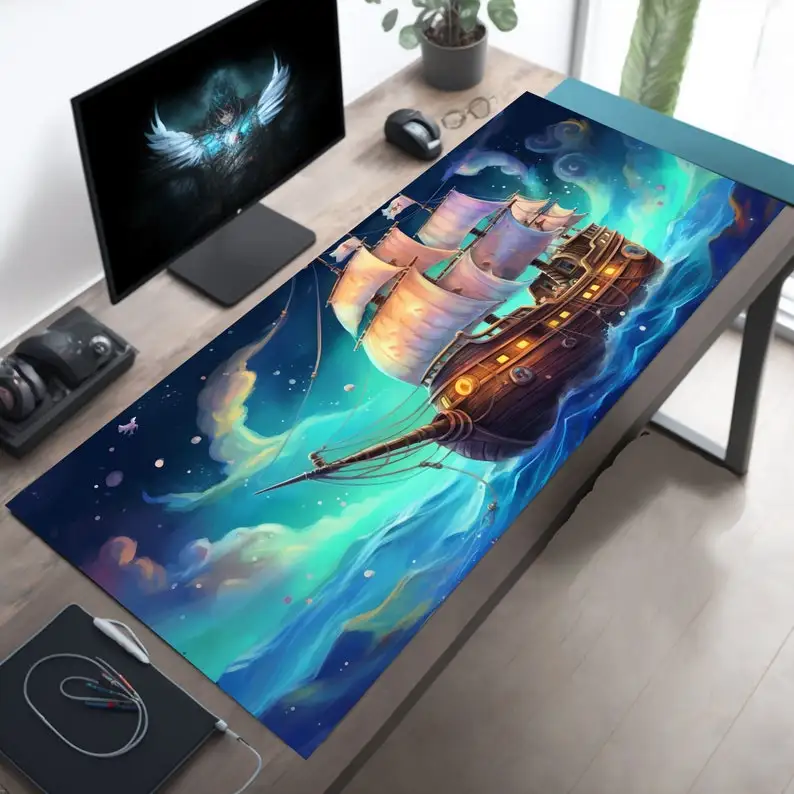 Anime Pirate Ship mousepad, Manga Style Art,Open Seas Adventure,Turquoise skies and ethereal clouds,Large Nautical Mouse Pad