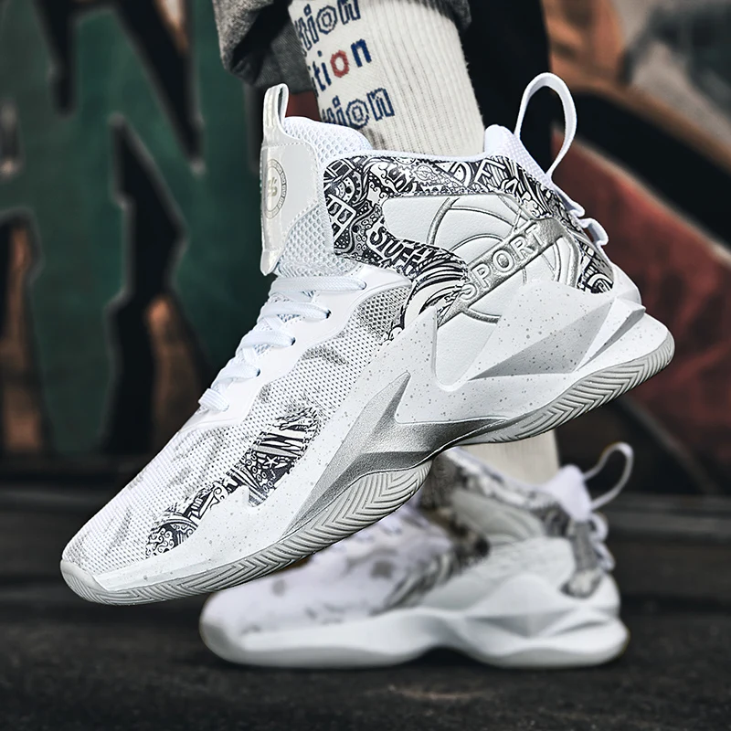 

Men Basketball Shoes Ankle Protection Shock Absorption Breathable Sports Shoes High Top Mesh Youth School Basketball Boots