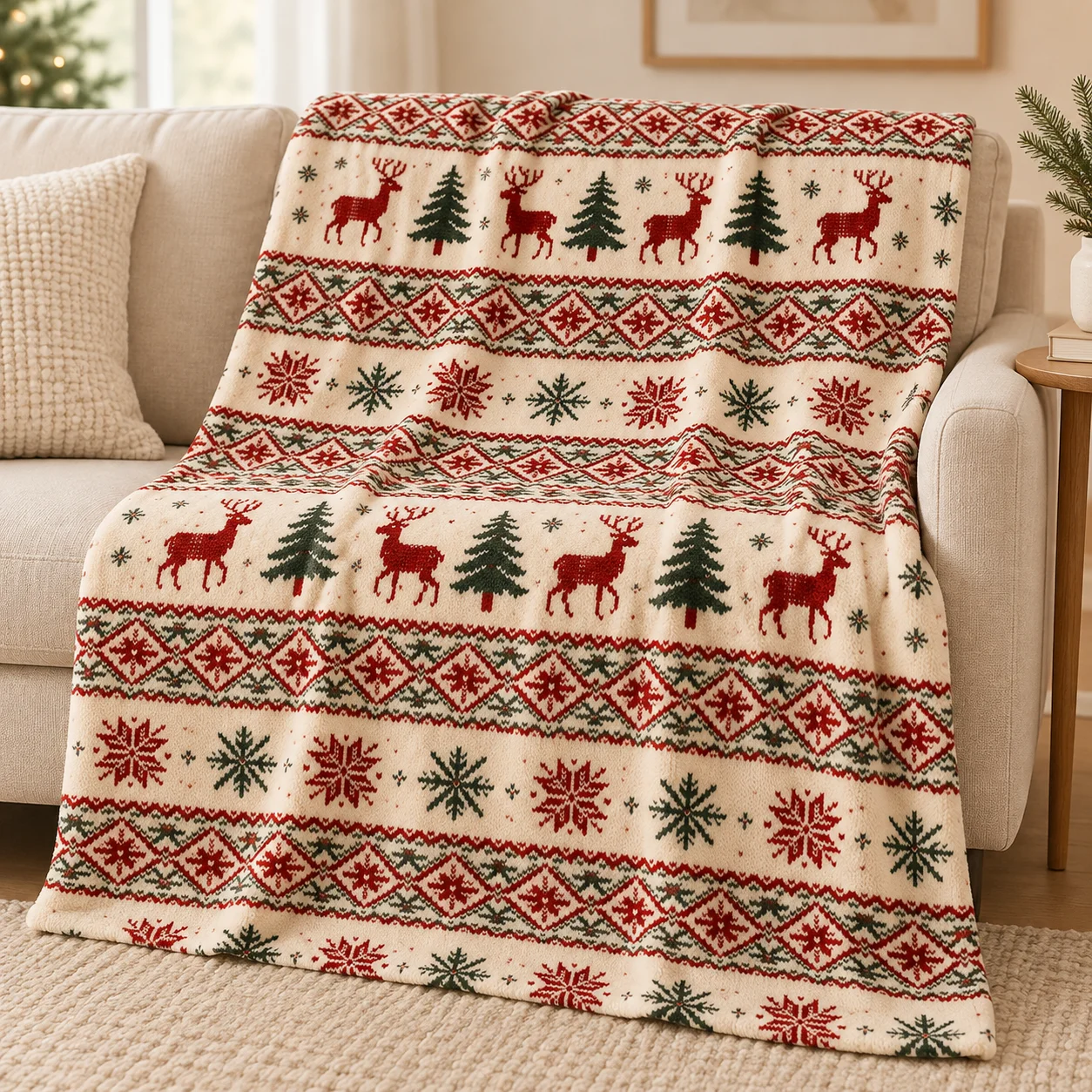 Nordic Christmas Throw Blanket, Cream White with Red Reindeer Green Pine Snowflake Print, Soft Warm for Sofa Bedroom