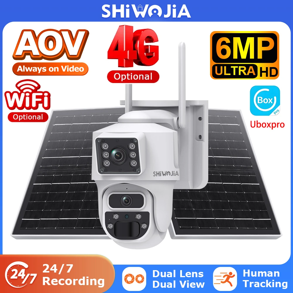 SHIWOJIA 6MP 4G SIM Solar Panel Camera AOV 7/24 Recording Dual Lens WIFI Security Surveillance PTZ Camera Outdoor Video Uboxpro