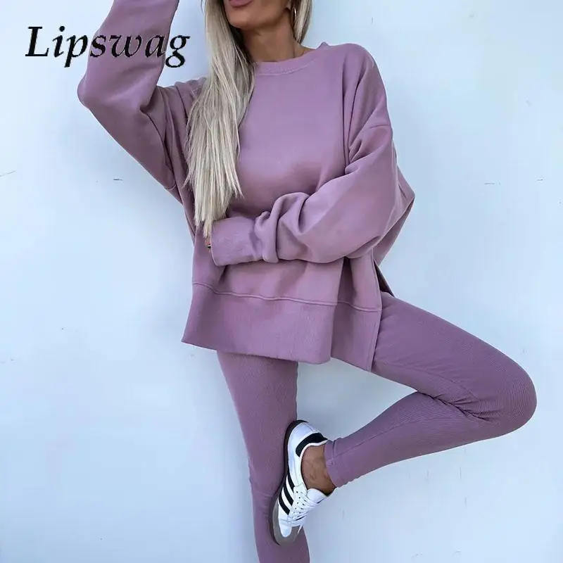 Elegant 2024 Solid O-Neck Long Sleeved Sweatshirt Tops&Legging Two Piece Set Winter Temperament Sportwear Autumn New Women Suit