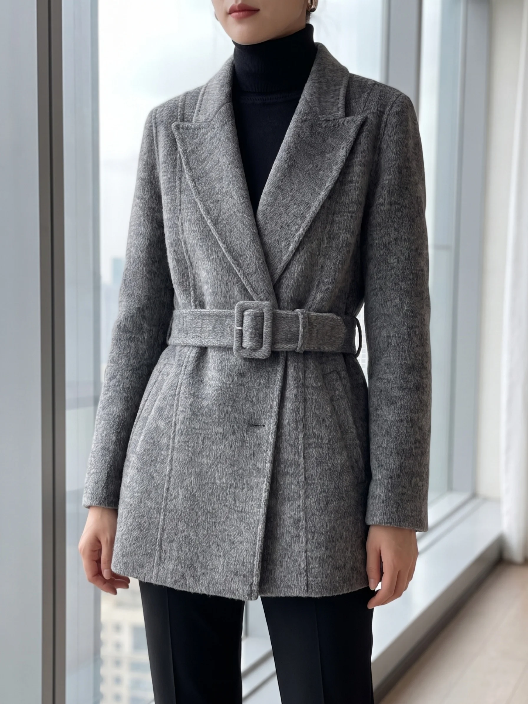Women Double‑Faced Wool Overcoat 2026 Winter Office Notched Lapel Coat Loose Slim Fit Woolen Outerwear