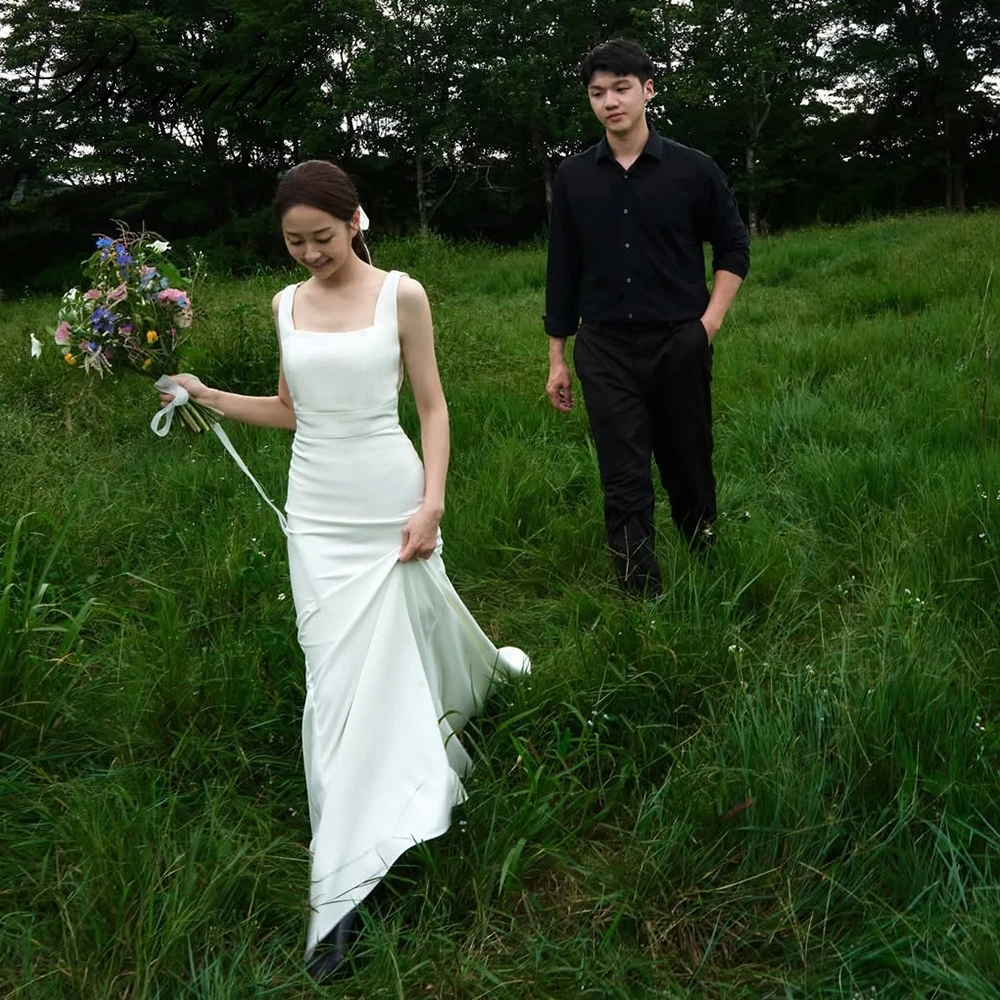 

Bowith Simple Korean Wedding Dresses Square Collar Sleeveless Bridal Gown Customized Elegant Wedding Reception Dresses