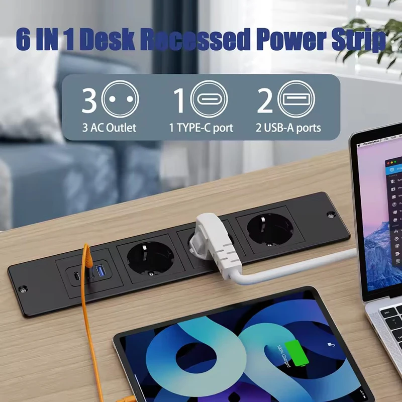 3-Way EU Table Recessed Socket Hidden Type with 2 USB A and 1 Type-C PD20W Fast Charge Multi Plug Desk Home Electric Outlets