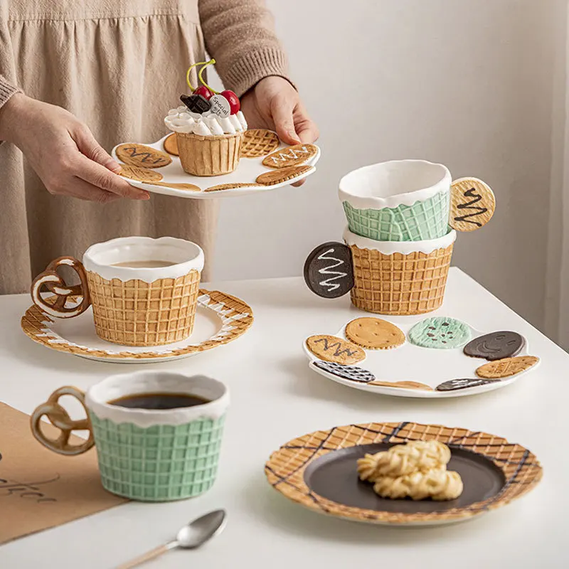 Cute hand drawn candy cone, cookies, ceramic cups, personalized breakfast cups, coffee and milk cups  mugs biscuit plate