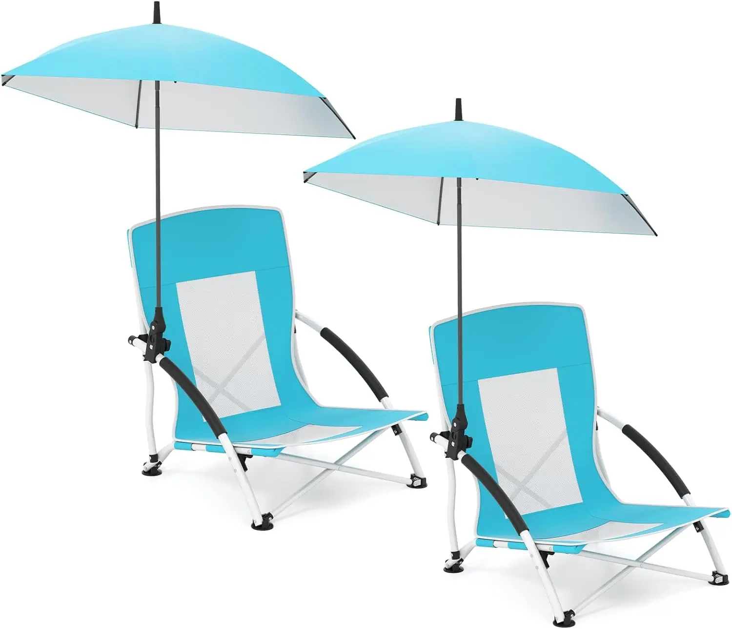 

2-Pack Low Folding Beach Chair with Detachable & Adjustable Umbrella, Carrying Bag, Padded Armrests, Mesh High Back, Load 330