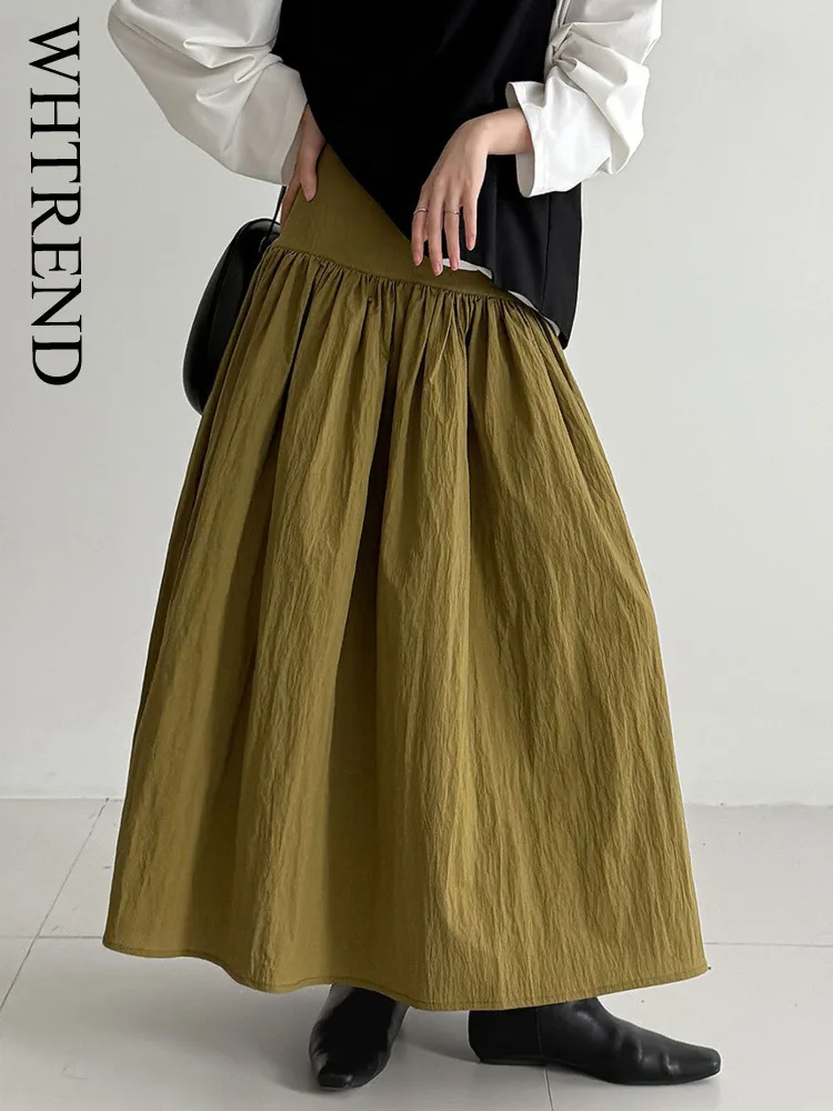 

WHTREND Korean Style Niche Wide Waist Pleated Skirt Women Autumn New Solid Color Large Hem A-line Long Skirts WH1387