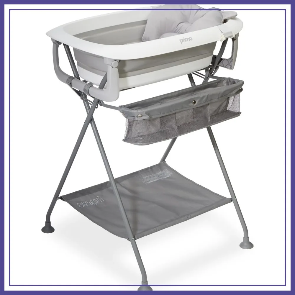 Collapsible Baby Bath & Folding Stand with Ergonomic Cushion for Newborns & Toddlers - Compact Bathing Station, Ages 0-24 Months