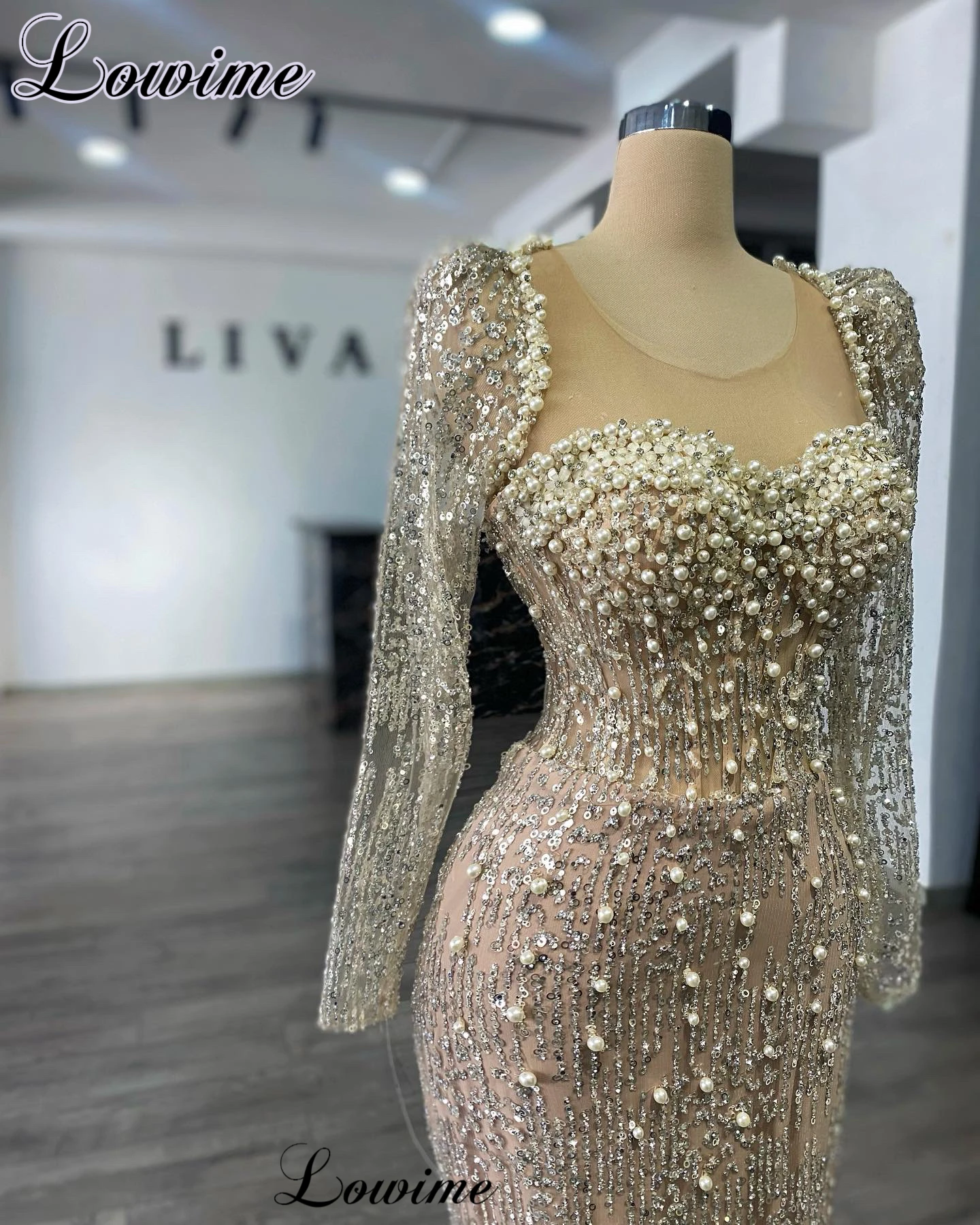 Long Sleeves Champagne Sequined Evening Dresses Pearls Mermaid Opening Ceremony Dresses Robes De Soirée Prom Party Dresses