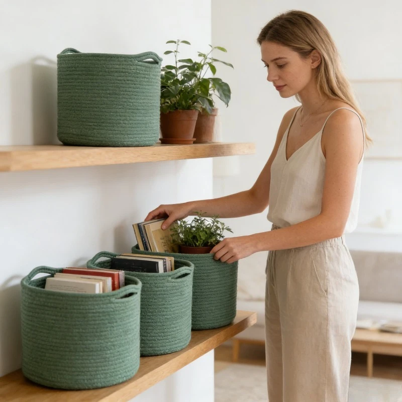 

Handheld Cotton Rope Storage Basket Dust Proof Japanese Style Laundry Organizer for Home