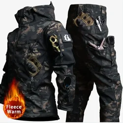 NOWE Ciepłe zestawy z polaru Camo Zimowa kurtka taktyczna Soft Shell Cargo Pant Outdoor Wielokieszeniowa wodoodporna kurtka myśliwska