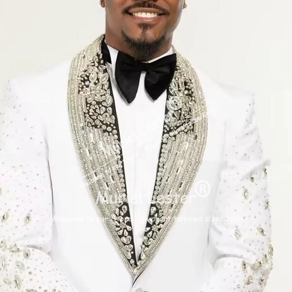 Sparkly Crystals Beading Suit Man For Wedding Shawl Lael Prom Blazer Customized 2 Piece Sets Groom Tuxedos Man Business Outfits