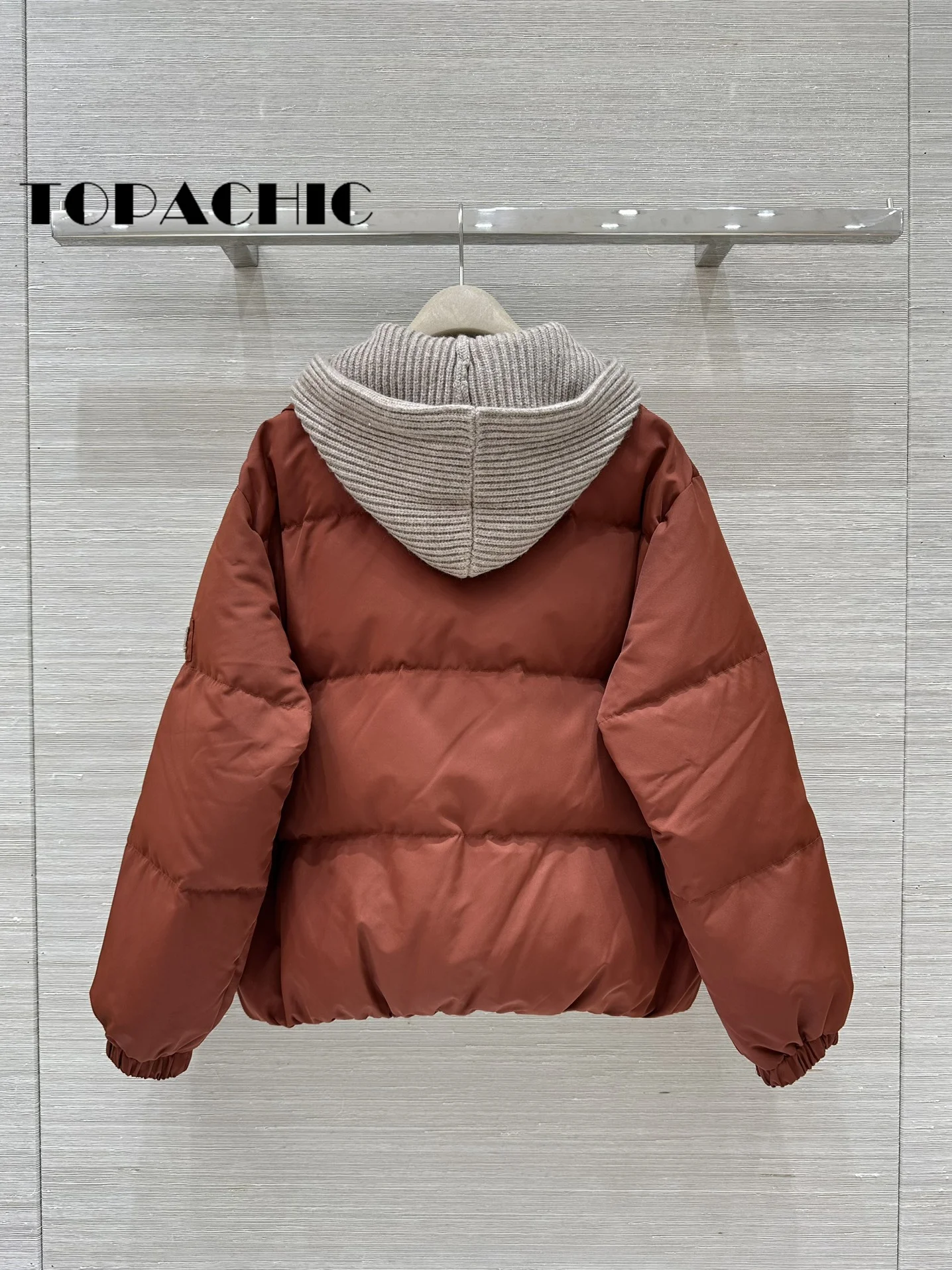 9.1 TOPACHIC-Women Bead Chain Hooded Knit Spliced Fake Two Pieces Long Sleeve Down Jacket Hat Detachable Zipper Thick Down Coat