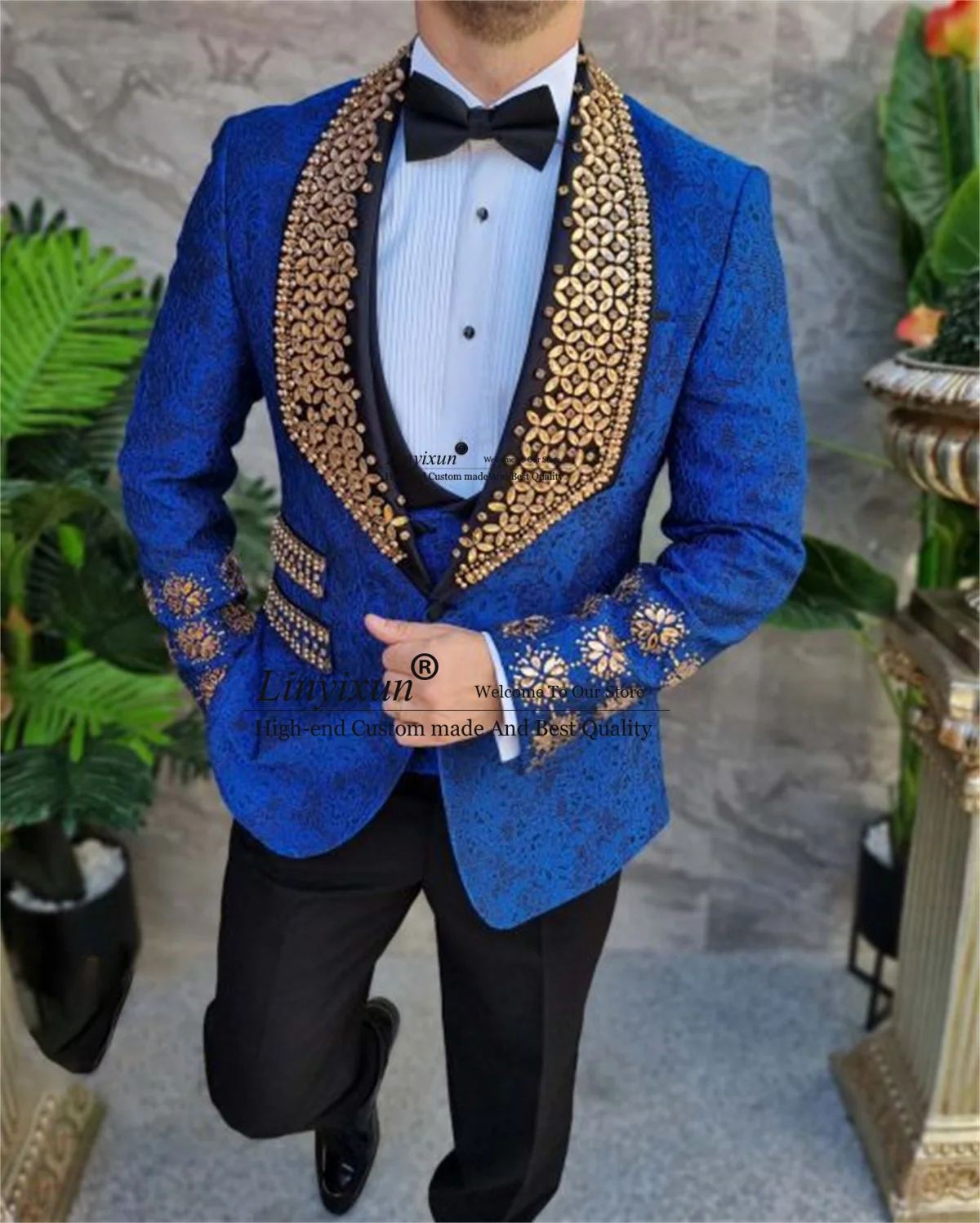 Luxury Jacquard Crystals Wedding Men Suits Glitter Beaded Groom Tuxedos 3 Pieces Sets Party Blazers Slim Male Prom Costume Homme