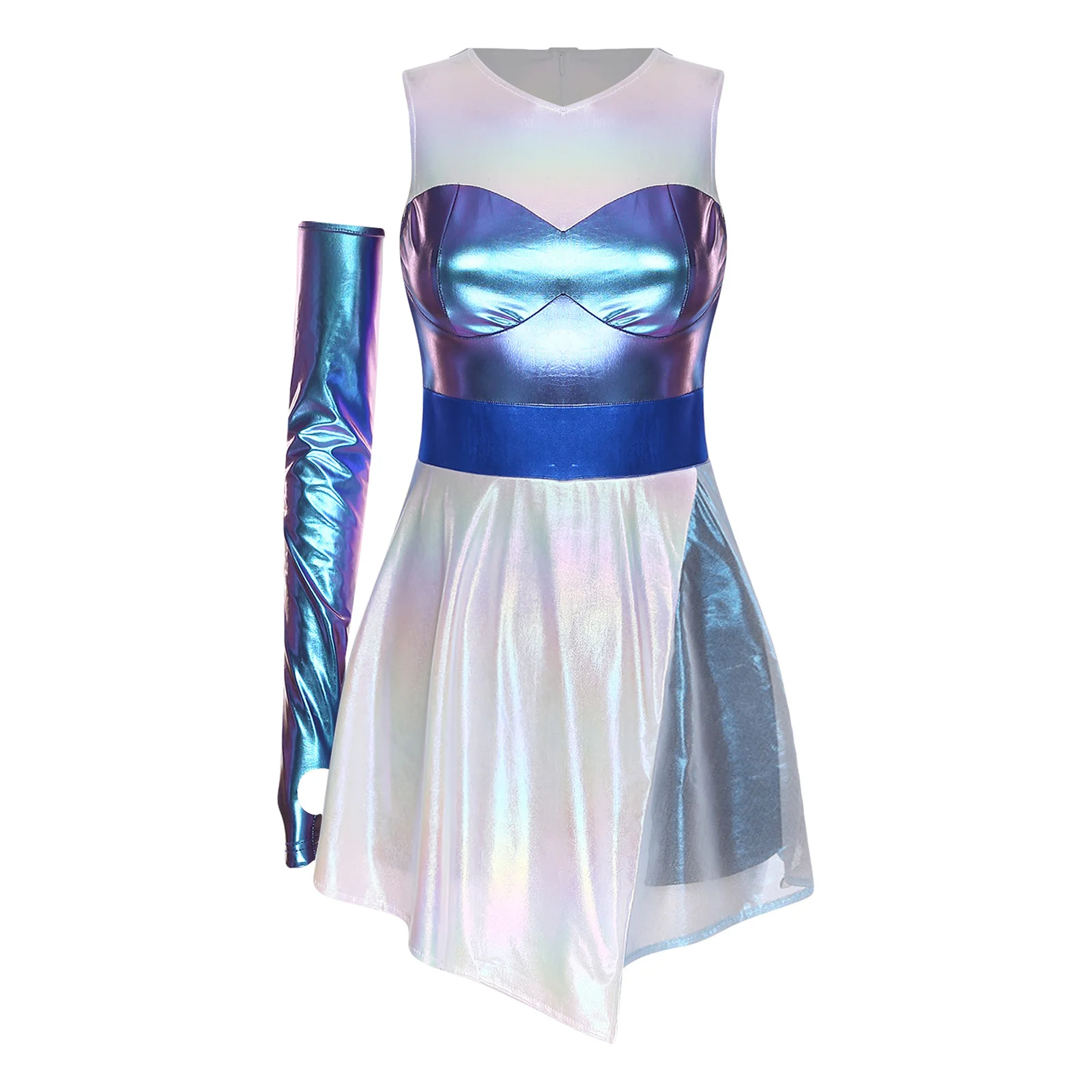 

Women Alien Astronaut Cosplay Dress with An Oversleeve Set Metallic Color Blocking Patchwork Hem A-line Dress for Festival Party