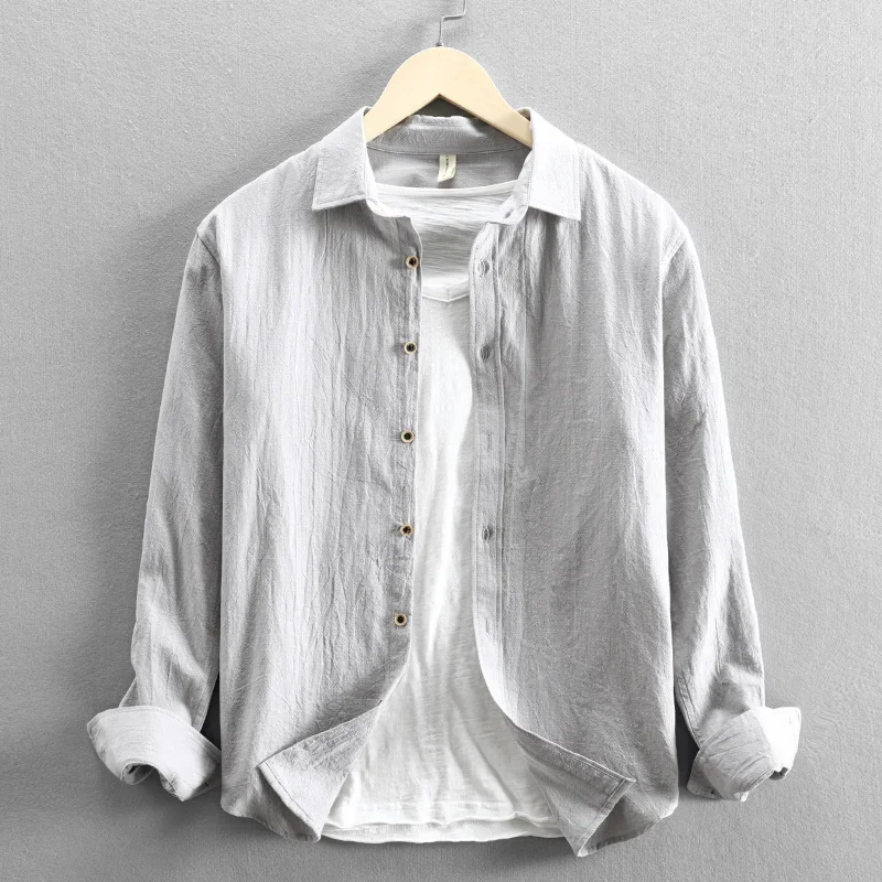 Men Clothing 2023 Fall Men\'s Cotton Linen Long-sleeved Shirt Solid Casual Versatile Lapel Loose Youth Shirt