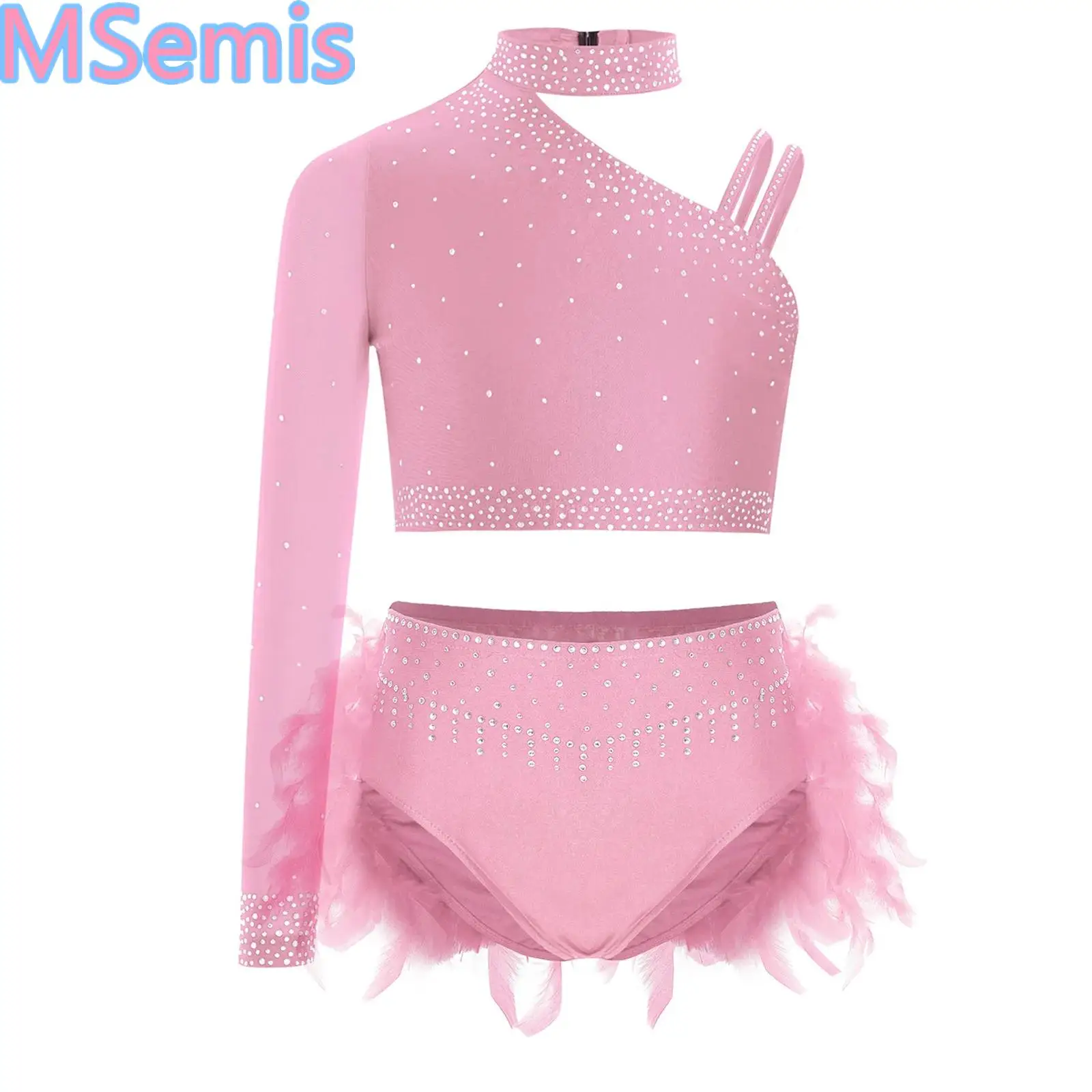 

Kids Girls Dance Outfits Solid Color Sparkly Rhinestones Tops Unique Irregular Shoulder Crop Top with Feather Briefs