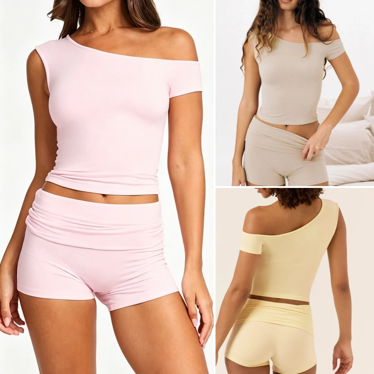 Women 2 Piece Slim Fit Off One Shoulder Short Sleeve Top And Fold Waist Shorts Sets Soft Stretch Casual Workout Gym Yoga Outfit