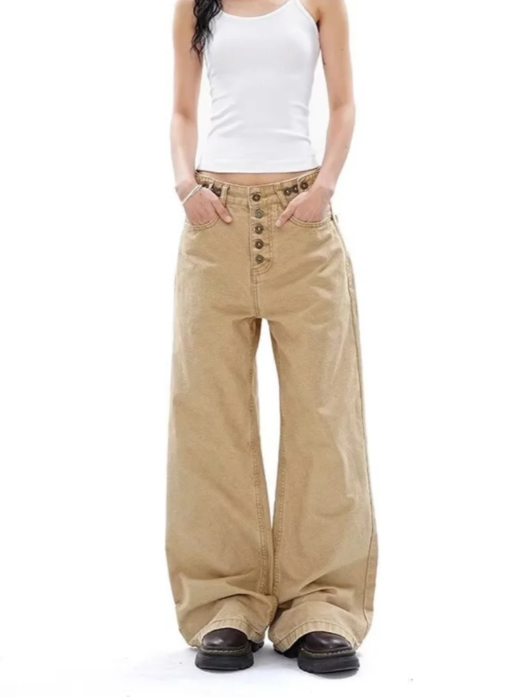

2025 трендовые повседневные мешковатые женские джинсы цвета хаки на пуговицах в стиле Y2K, женская одежда, прямые хлопковые длинные брюки, Ropa Mujer