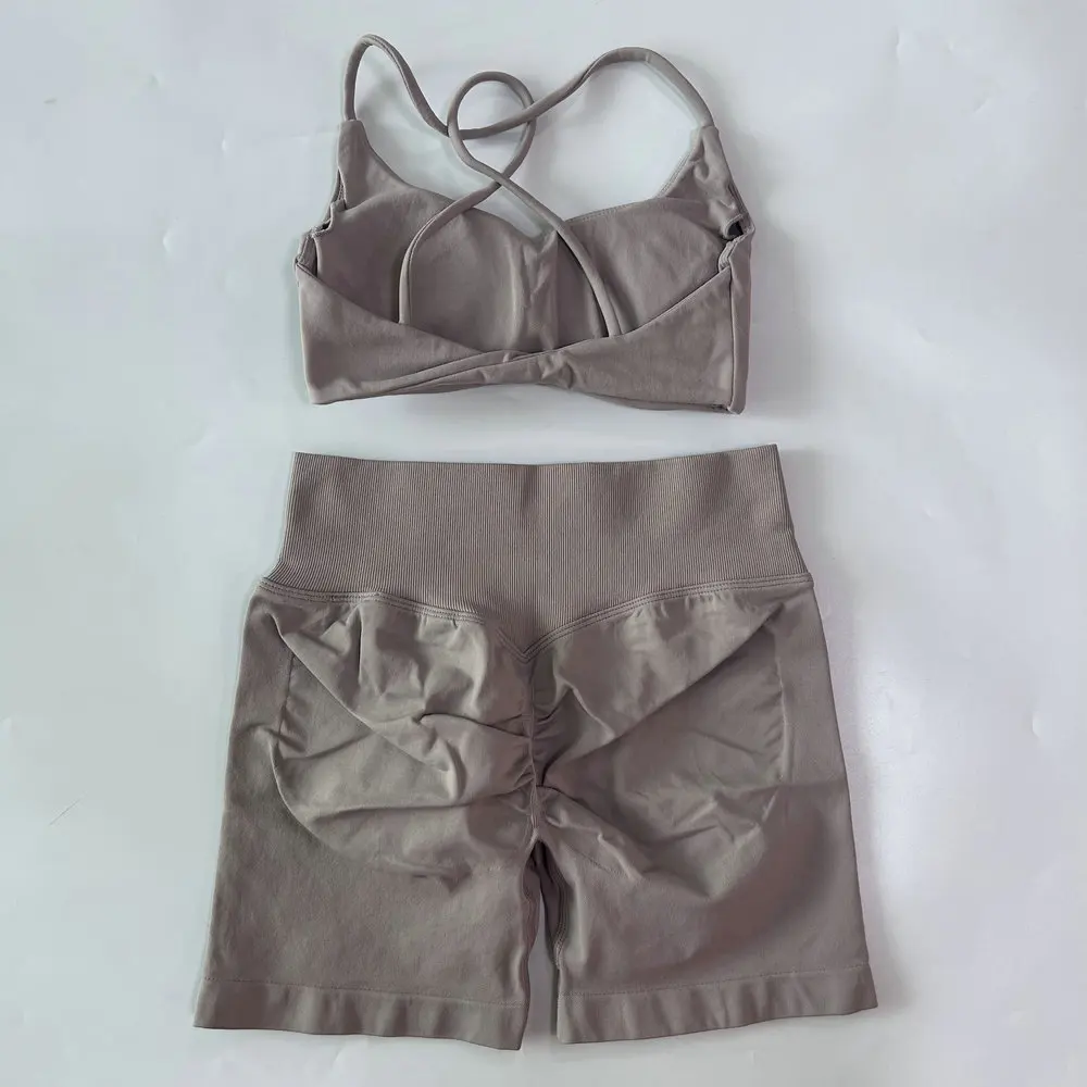 2-teiliges Set Damen-Outfit, nahtloser Yoga-BH mit Riemchen und Twist-Rücken, Scrunch-Shorts, Sportanzug, Fitness- und Gym-Kleidung, Yoga-Set – Detail 14