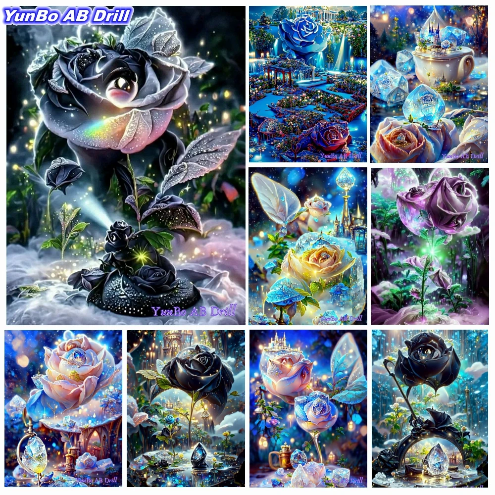 

Black Rose Fantasy Landscape AB DIY Diamond Painting Ice Crystal Blue Siren Flower Castle Cross Stitch Mosaic Home Decor ArtGift