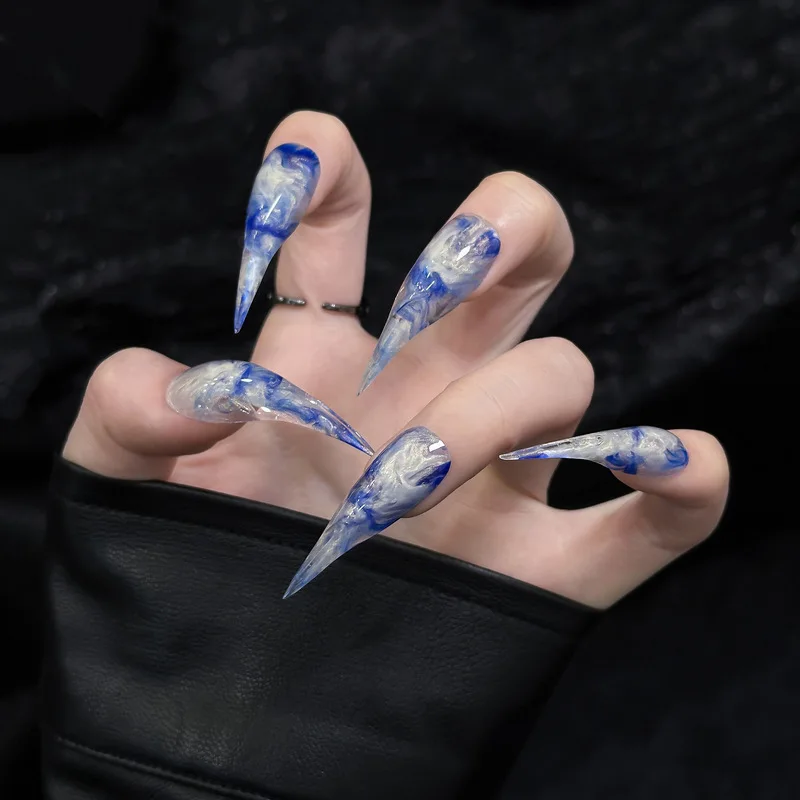 Blue White Marble Pattern Press On Nails Extra Long Stiletto Fake Nails Glossy Smoke Ink Wash Design False Nail Tips For Women P