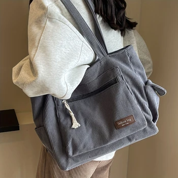 Simple Corduroy Tote Bag, Solid Color Shoulder Bag, Retro Multi Pockets Handbag For…