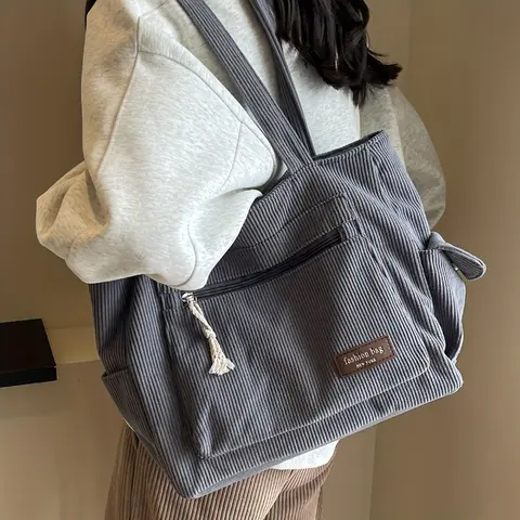 Simple Corduroy Tote Bag, Solid Color Shoulder Bag, Retro Multi Pockets Handbag For School Work Shopping