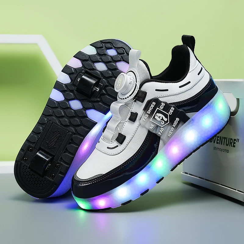 2 Wheels Dual-use Luminous Led Light USB Charging Roller Skates Sneakers For Girls Boys Students Outdoor Wheeled Sports Shoes