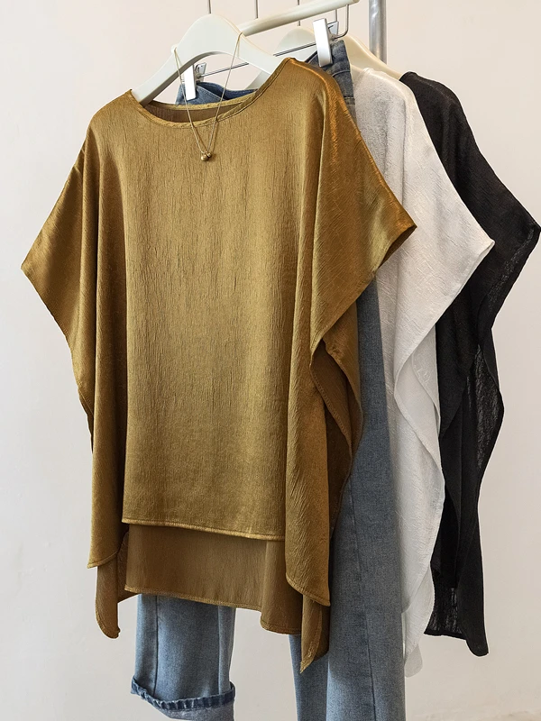 Ele Acetato Raso da donna irt Summer Faion Allentato Casual Texture asimmetrica Batwing Sve Top Pendolarismo Vintage Sle