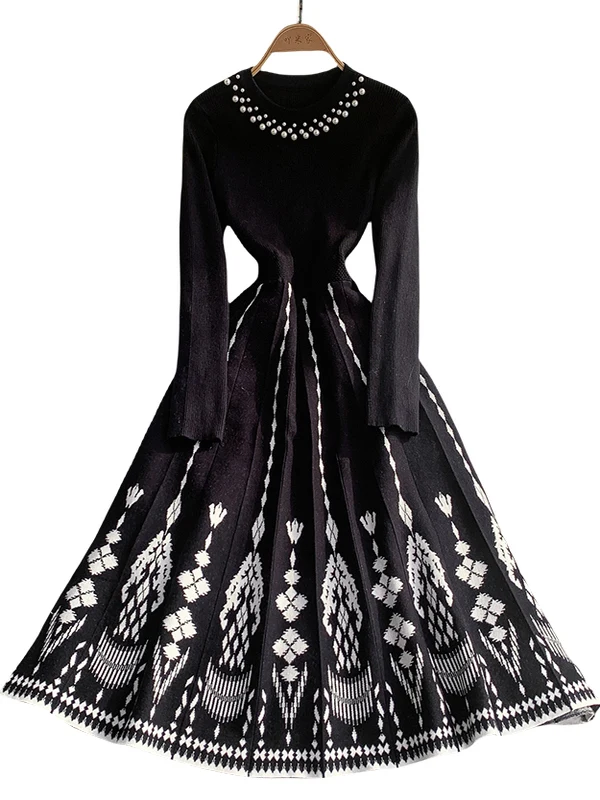 Ele Gestrickter langer Dr-Damen-Winter-Taillen-Cinching-Druck-Plissee-Maxikini-Pullover Dr High Ne Korean Sle Commute