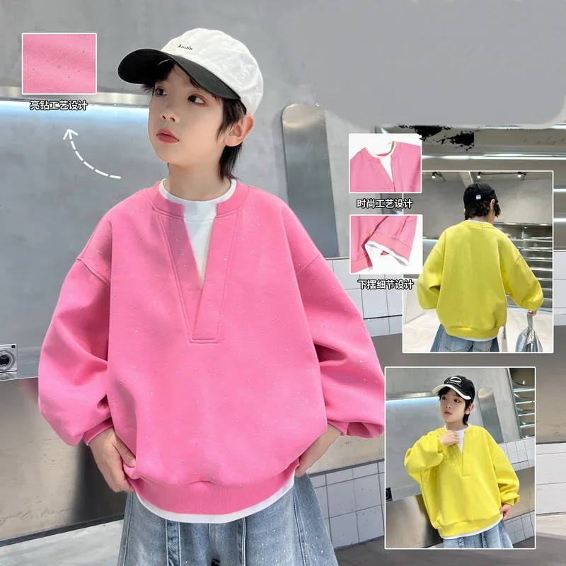 Boys Autumn Clothing Sweatshirt with False Two-piece Design Kids Spring Streetwear Long Sleeve T-shirt Retro Design Pullover Top